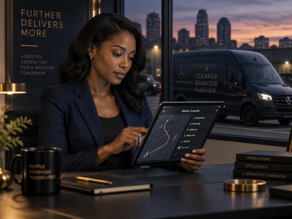 Logistics consultant reviewing a delivery route plan on a tablet
