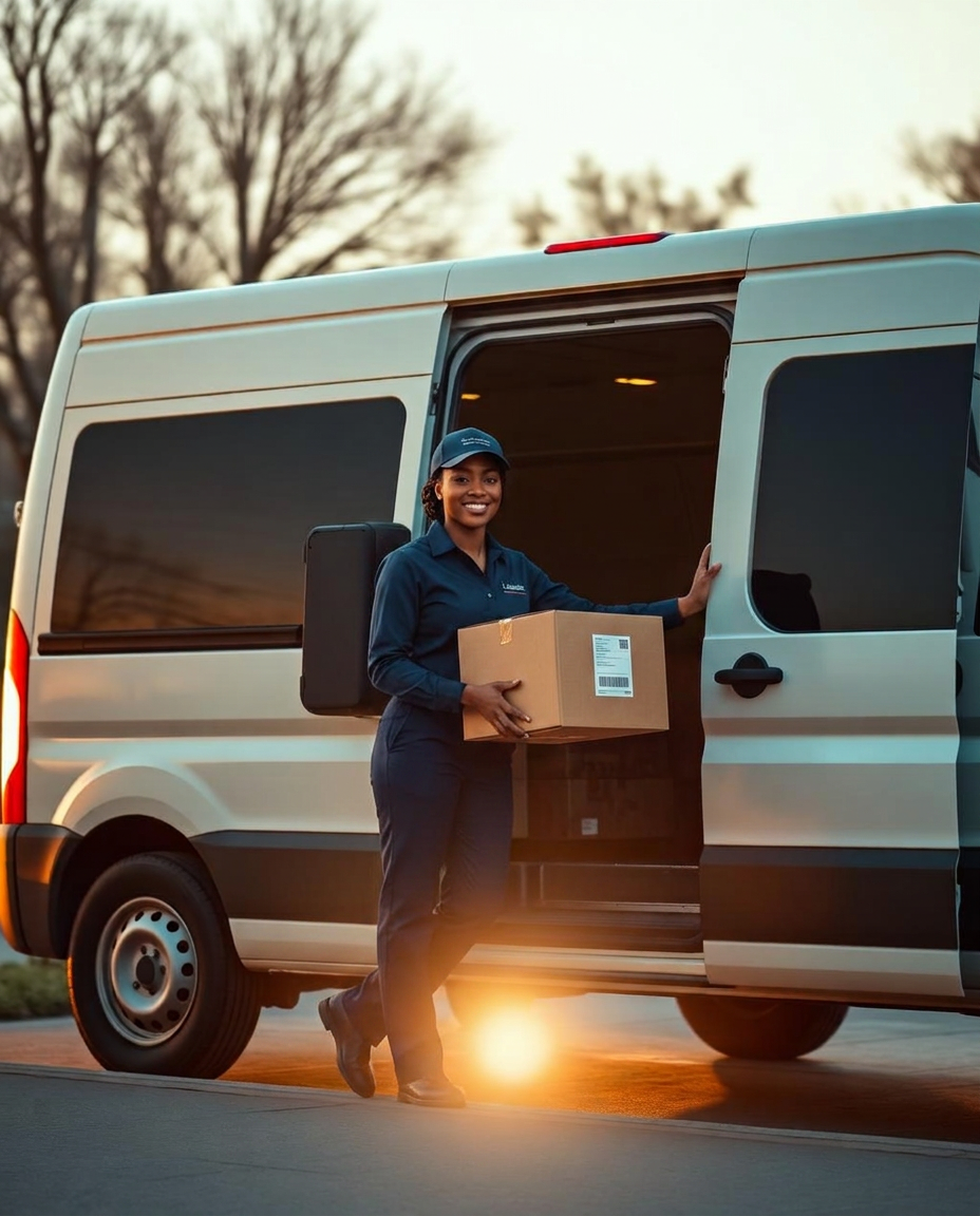 H.E.R.S. delivery driver carrying a package from a sprinter van
